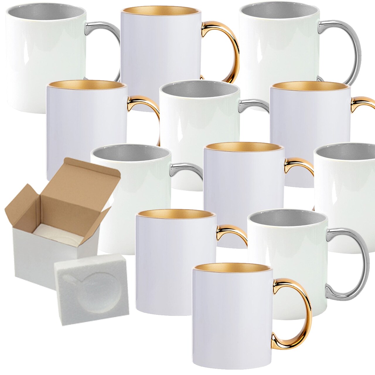 12 Pack 11 oz. SILVER & GOLD Inner and Handle - Ceramic Sublimation Mugs - Professional Grade - Foam Supports Boxes
